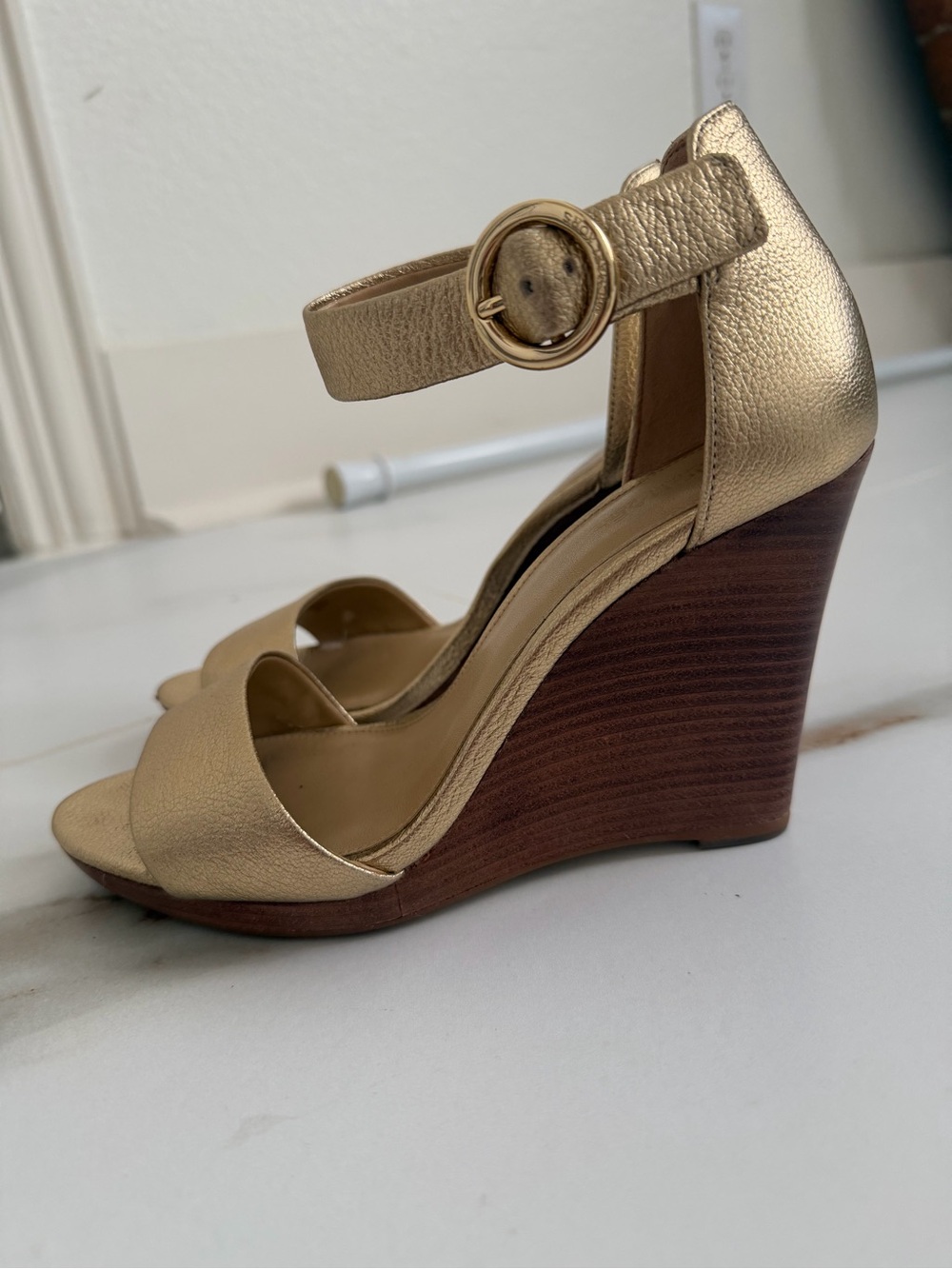 Michael Kors Gold Leather Wedge Sandals with Ankle Strap